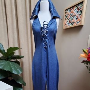 Blue stretch jumpsuit flare bottom ( small tear [pictured] )